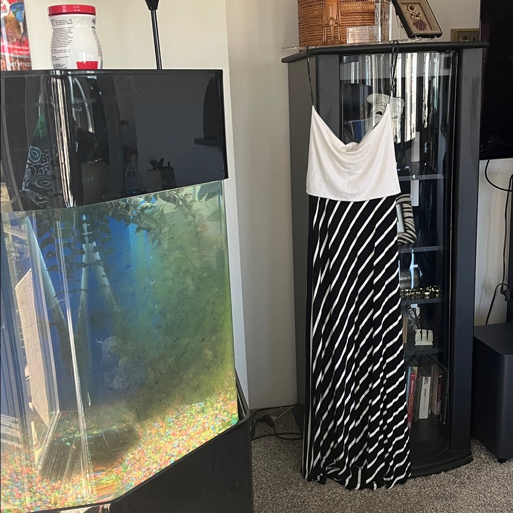 Strapless Black and White Striped Maxi Dress